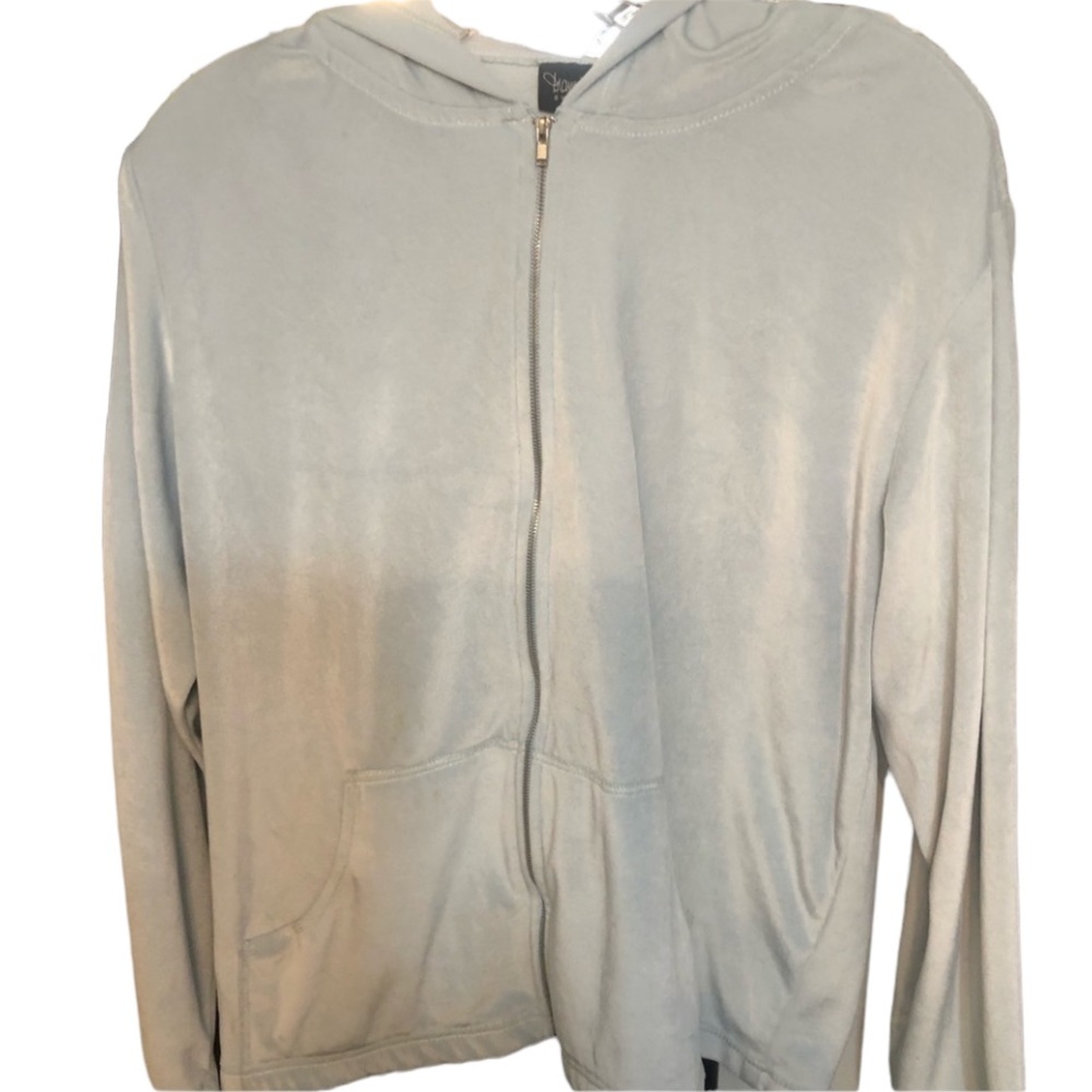 DVF Diane Von Furstenberg light blue oversized hooded velour sweatshirt